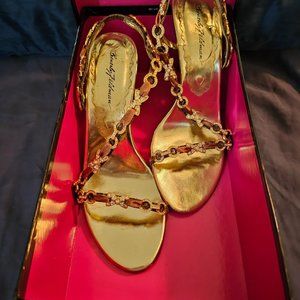 Beverly Feldman Hyped Up Brown Snake Gold Heels Size 7.5